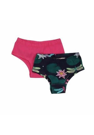 Two pairs of children's underwear, one solid pink and one dark with green lily pads and pink flowers pattern.