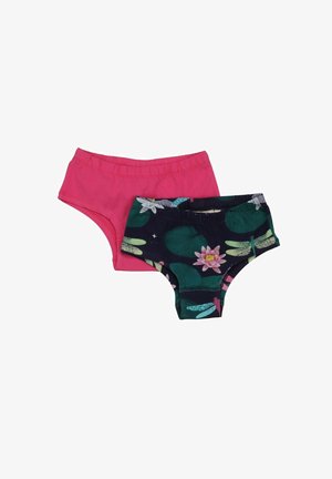Two pairs of children's underwear, one solid pink and one dark with green lily pads and pink flowers pattern.