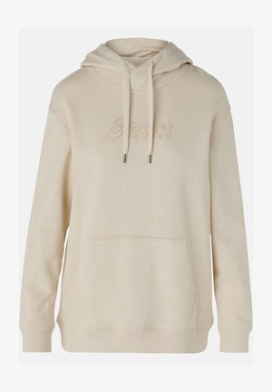 Sweatshirt beige à capuche avec une poche avant, des cordons de serrage et un logo brodé. Fabriqué en tissu doux, il présente une coupe décontractée et des bords côtes.