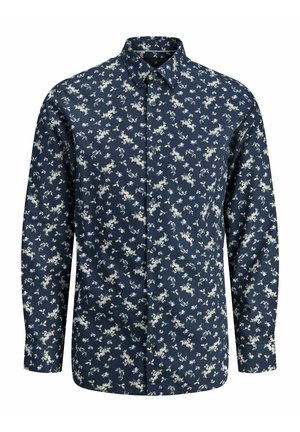 Granatowa koszula w kwiatowy wzór z małymi białymi i jasnocytrynowymi kwiatami; długie rękawy; kołnierzyk zapinany na guziki; teksturowana tkanina.