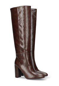 Een paar hoge, donkerbruine leren laarzen met spitse neuzen en blokhakken, rechtopstaand op een witte achtergrond.