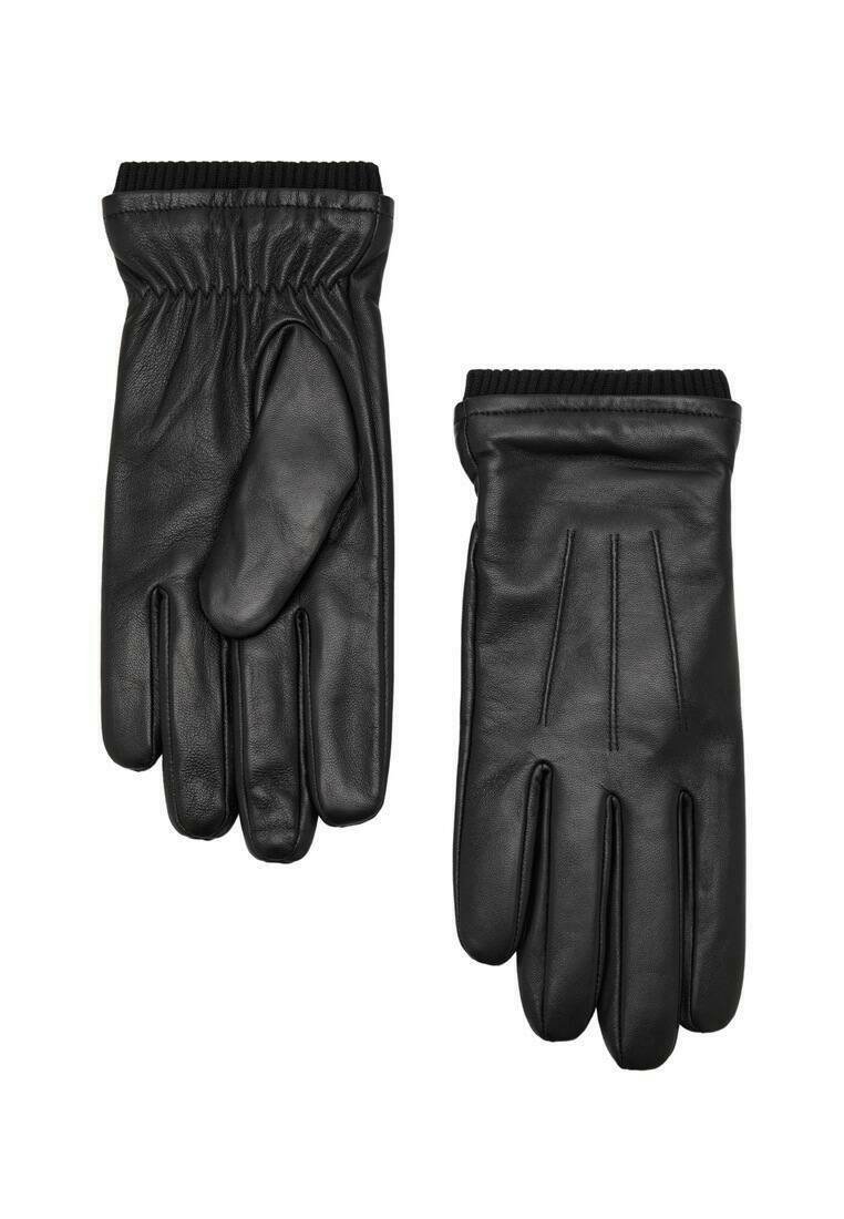 Guanti in pelle nera con una texture liscia, dotati di polsini elasticizzati, quattro scomparti per le dita e una discreta cucitura sul dorso.
