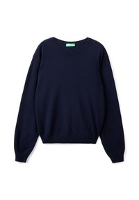 Pull-over en tricot bleu marine à manches longues, col rond, avec des poignets et un ourlet côtelés, posé à plat sur un fond blanc.