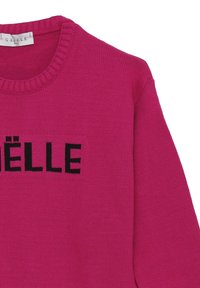 Maglione lavorato a maglia fucsia con scollatura a girocollo e dettagli a coste, caratterizzato da un audace testo nero "GAILLE" sulla parte anteriore. Tessuto morbido, design casual.