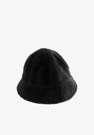 Zwarte nep bont bucket hat met een zachte textuur, ronde kroon en een brede rand. Beschikt over een naadloos ontwerp zonder zichtbare accessoires.