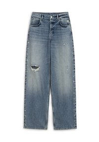 Jeans in denim azzurro chiaro a gamba larga con dettagli strappati, strappi visibili e borchie argentate lungo le cuciture laterali. Design classico a cinque tasche.