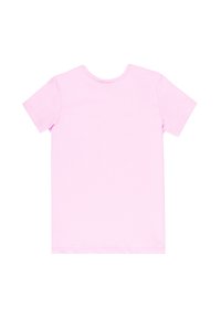 T-shirt a maniche corte in cotone rosa chiaro, colletto rotondo, design semplice, texture liscia, senza fantasie o accenti, adatto per un abbigliamento casual.