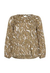 Blusa marrone a maniche lunghe con un motivo astratto bianco e nero, scollatura tonda con dettaglio a fiocco e polsini arricciati.