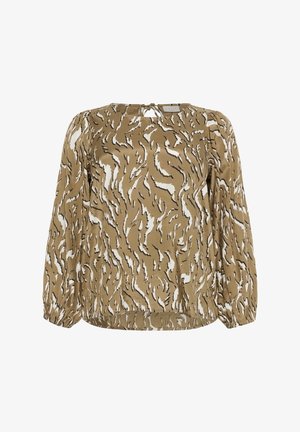 Blusa a maniche lunghe in un tessuto beige con un motivo astratto bianco e nero; presenta una scollatura quadrata e polsini arricciati.