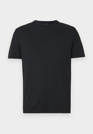 Melns īsām piedurknēm t-krekls, izgatavots no gludas, mīkstas auduma ar apaļu kakla izgriezumu un minimālistisku dizainu. Nav redzamu logo vai rakstu.