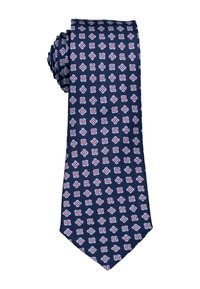 Granatowy jedwabny krawat zwinięty, z powtarzającymi się małymi wzorami kwiatowymi w jasnoniebieskim i czerwonym kolorze.