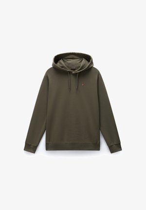 Olivgrüner Hoodie aus weichem Stoff, mit einer verstellbaren Kapuze, gerippten Bündchen und einem kleinen gemusterten Logo auf der Brust.