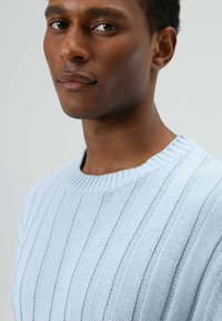 Lichtblauwe gebreide trui met verticale ribbels, een ronde halslijn en een gestructureerde afwerking; casual, ademende stof.