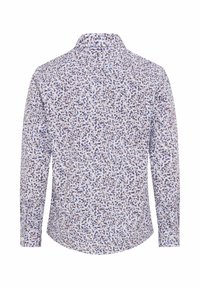 Langärmeliges Hemd aus hellblauem Stoff mit einem floralen Muster in Lila und Braun. Verfügt über einen klassischen Kragen und Manschetten mit Knöpfen.