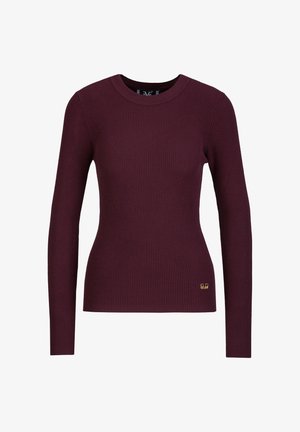 Rippstrickpullover mit langen Ärmeln in tiefem Burgunderrot und Rundhalsausschnitt. Mit einem kleinen goldenen Logo an der unteren Seite. Weicher Stoff, taillierte Passform.