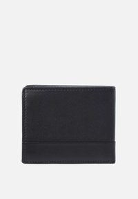 Black leather wallet with a smooth texture, bi-fold design, and contrasting matte band. Features rounded edges and subtle stitching details.