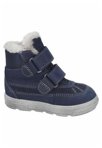 Stivaletto blu navy con due cinturini in velcro, morbida fodera bianca, materiale superiore testurizzato e suola in gomma grigia chiara.