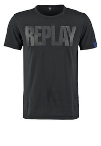 Black cotton t-shirt featuring the word "REPLAY" in large, matte gray letters across the front. Includes a blue accent on the sleeve.