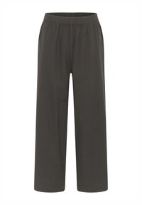 Pantalon ample gris foncé avec une taille élastique et un matériau en coton doux. Présente un design simple sans poches ni ornements.