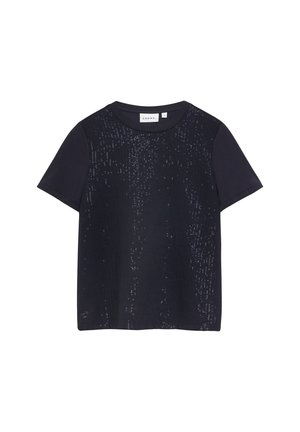 Czarna koszula z krótkim rękawem i okrągłym dekoltem, ozdobiona na przodzie rozmieszczonymi niewielkimi błyszczącymi cekinami.