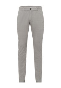 Jasnoszare chinos w wąskim kroju z fakturowanym wzorem, z zapięciem na guzik z przodu i szlufkami na pasek dla pewnego noszenia.