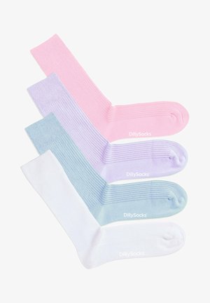 Set von vier gerippten Crew-Socken in Pastellfarben: Rosa, Lavendel, Hellblau und Weiß. Weicher Stoff mit glatter Textur und abgerundeter Zehenpartie.