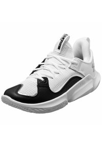 Scarpa da ginnastica in bianco e nero con tomaia in rete, dettagli in pelle, punta a forma arrotondata, superficie texturizzata e suola in gomma con battistrada a motivo.