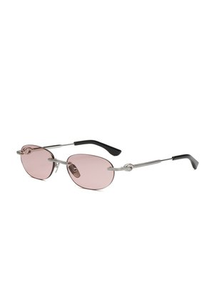 Ovale roze glazen met dun zilverkleurig metalen montuur, zwarte kunststof pootjes voor comfort en ondersteuning.