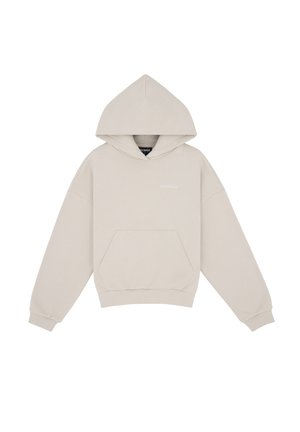 Felpa beige con cappuccio, tasca a marsupio frontale e piccolo logo bianco sul petto, con polsini e orlo a coste.