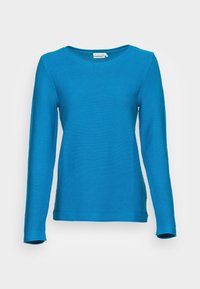 Pull bleu à manches longues avec une texture côtelée et un col rond, fabriqué dans un tissu léger. Présente des manches ajustées et un ourlet cintré.