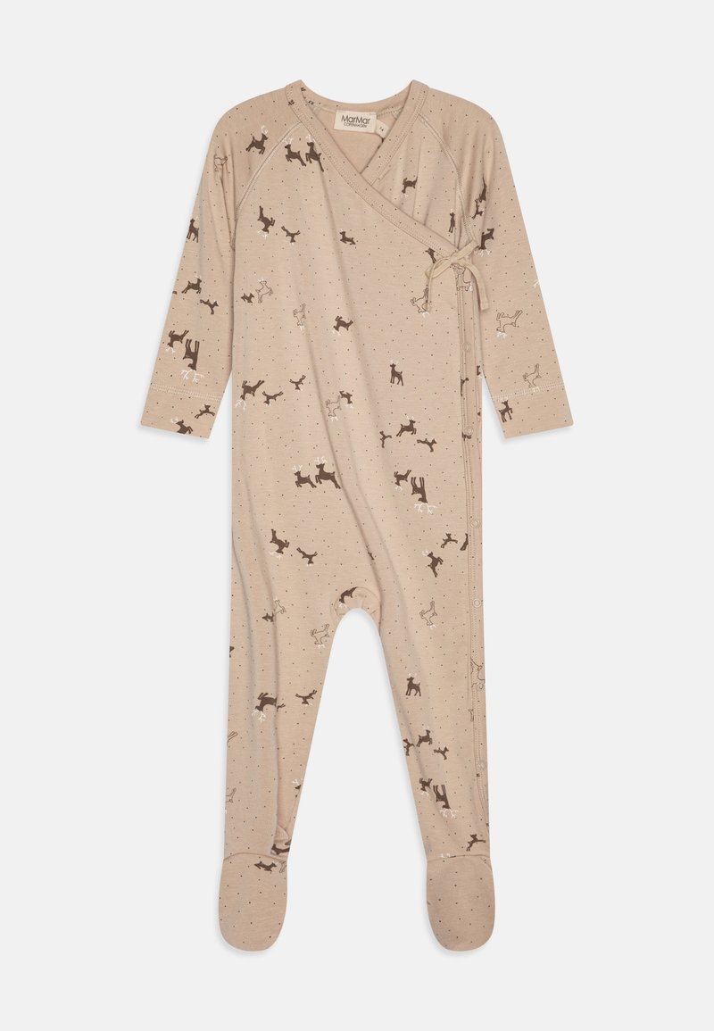 Un body beige pour bébé avec des manches longues, un design enveloppant et des pieds. Il présente des imprimés de chiens ludiques et de petits points sur tout le tissu.