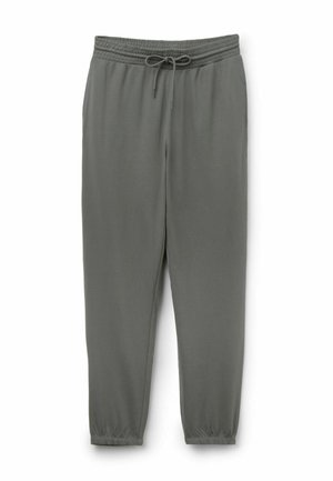 Pantalones jogger de color verde oliva con cinturilla elástica y cordón, piernas ajustadas y puños elásticos, mostrados planos sobre un fondo blanco.