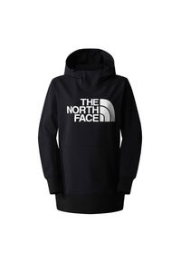 Svart huvtröja med långa ärmar, med en stor vit logotyp på framsidan och en känguruficka längst ner. Slät tygstruktur.