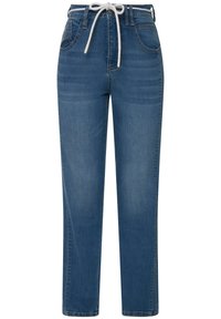 Vaaleansinisiä farkkuhousuja suoran leikkauksen omaavina, jossa on naru vyötäröllä ja kaksi etutaskua. Kangas on hieman haalistunut.