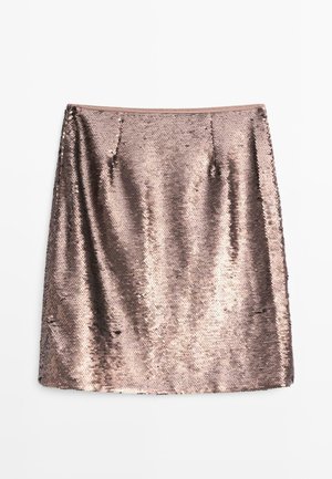 Brązowa spódnica z cekinami o dopasowanym kroju, gładkiej teksturze i niewidocznych bocznych kieszeniach, z pasem w talii dla lepszego dopasowania.