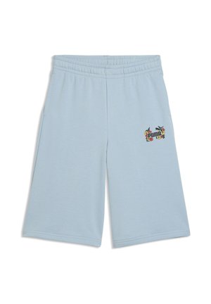 Jasnoniebieskie spodenki do kolan z elastycznym pasem, z małym kolorowym kwiatowym logo Puma na prawej nodze.