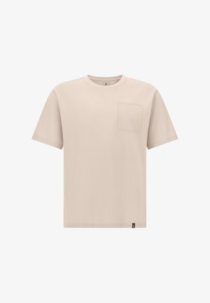 Camiseta de algodón de manga corta en color beige, con un pequeño bolsillo en el pecho y un acento de etiqueta. Diseño sencillo y de corte relajado.