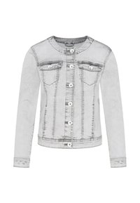 Graue Jeansjacke mit langen Ärmeln, rundem Kragen, frontaler Knopfleiste und zwei Brusttaschen mit weißen Knöpfen und sichtbaren Nähten.