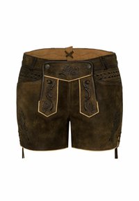 Braune Lederhosen mit dekorativer Naht, geprägten Designs und zwei Vordertaschen. Enthält Bindebänder an den Seiten und ein glattes Innenfutter.