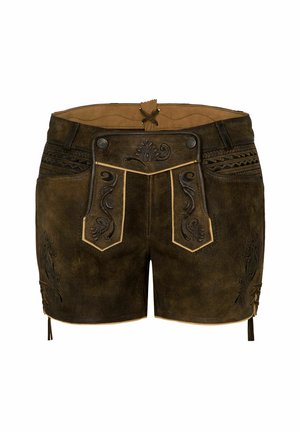 Braune Lederhosen mit dekorativer Naht, geprägten Designs und zwei Vordertaschen. Enthält Bindebänder an den Seiten und ein glattes Innenfutter.