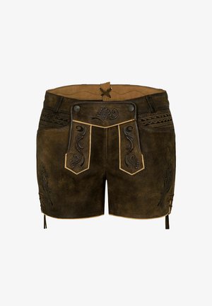 Braune Lederhosen mit dekorativer Naht, geprägten Designs und zwei Vordertaschen. Enthält Bindebänder an den Seiten und ein glattes Innenfutter.