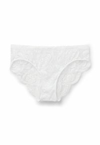 Witte kanten slipjes met bloemenpatroon, scalloped randen en een dunne elastische tailleband. Zachte textuur, lichtgewicht ontwerp en doorschijnende uitstraling.