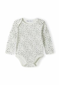 Hosszú ujjú baba body puha, világoszöld anyagból, fekete pöttyös mintával, alsó patentos záródással és kerek nyakkivágással.