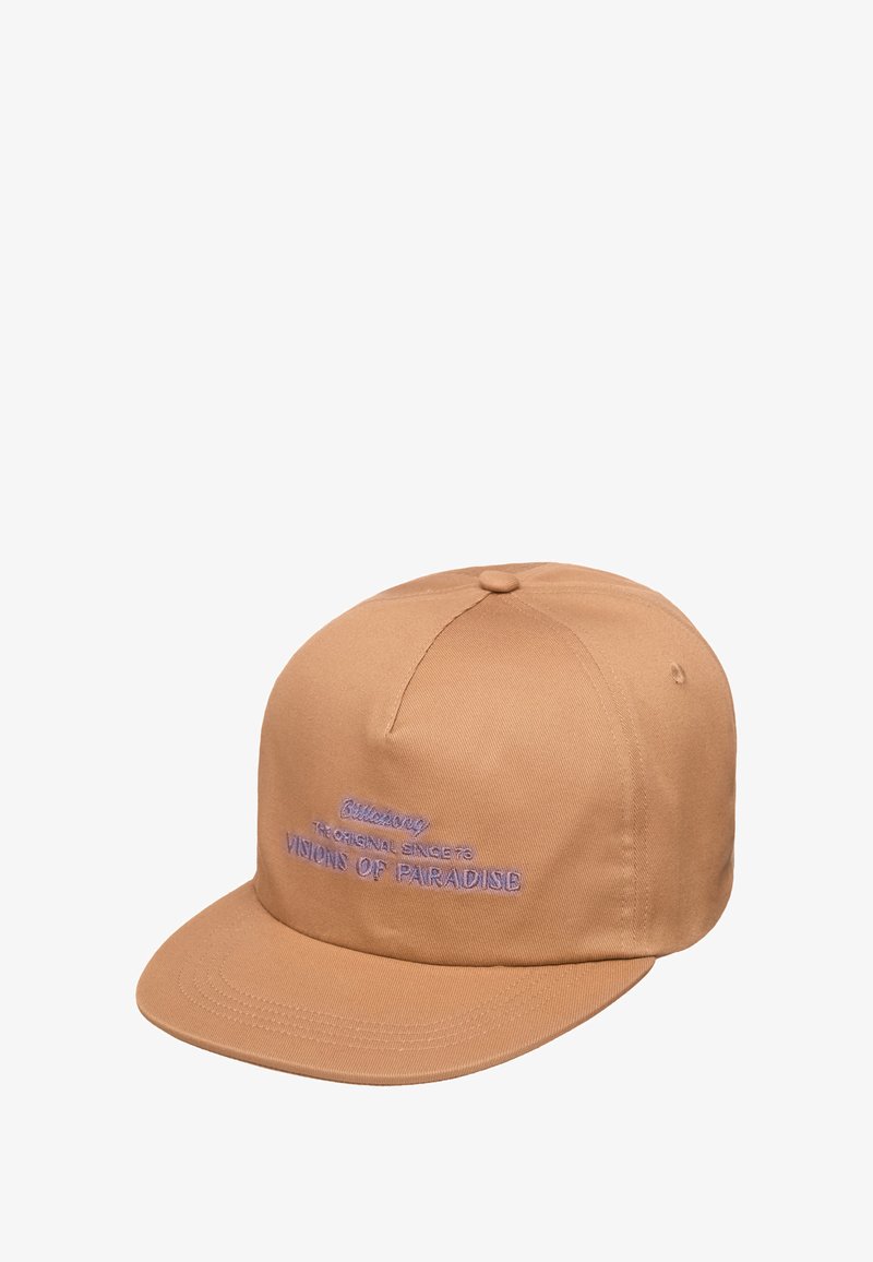 Tan cap made of fabric, featuring a flat brim and embroidered text "Billabong" and "Visions of Paradise" in purple.