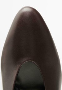 Chaussure à talons hauts en cuir marron avec un bout pointu et un détail découpé sur le côté, présentant une finition lisse et un design épuré.