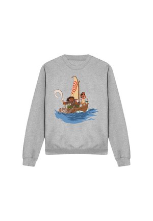 Gray sweatshirt featuring a colorful graphic of characters on a sailboat, with a spiral sail design and ocean waves in the background.