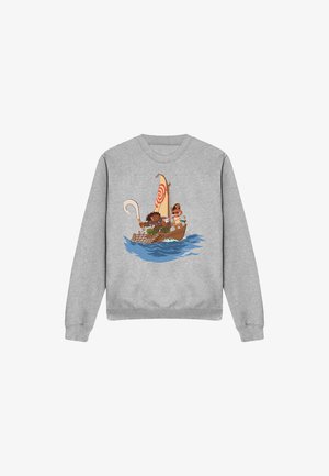 Gray sweatshirt featuring a colorful graphic of characters on a sailboat, with a spiral sail design and ocean waves in the background.