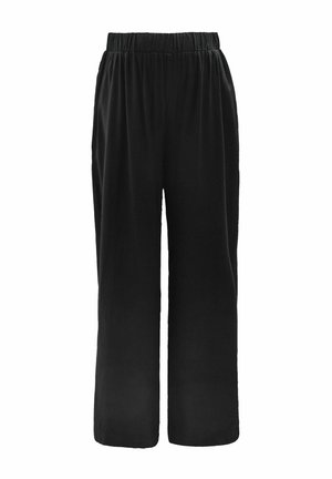 Black, wide-leg pants made from soft fabric; features an elastic waistband for comfort; design includes a smooth texture with a flowy silhouette.