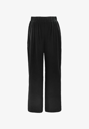 Črne široke hlače iz mehkega materiala; vsebujejo elastičen pas za udobje; dizajn vključuje gladko teksturo in tekočo silhueto.