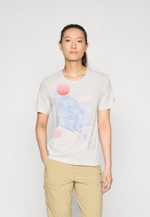 Light gray cotton t-shirt featuring blue line art and red circle graphic. Short sleeves, round neckline, and relaxed fit. No visible logos.